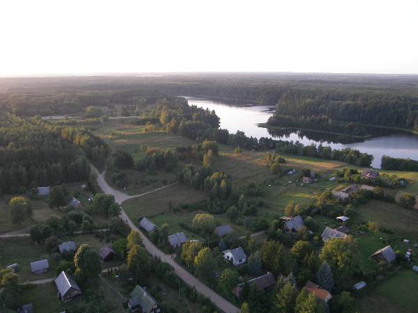 Šnieriškės village and lake Aisetas from hot air balloon  